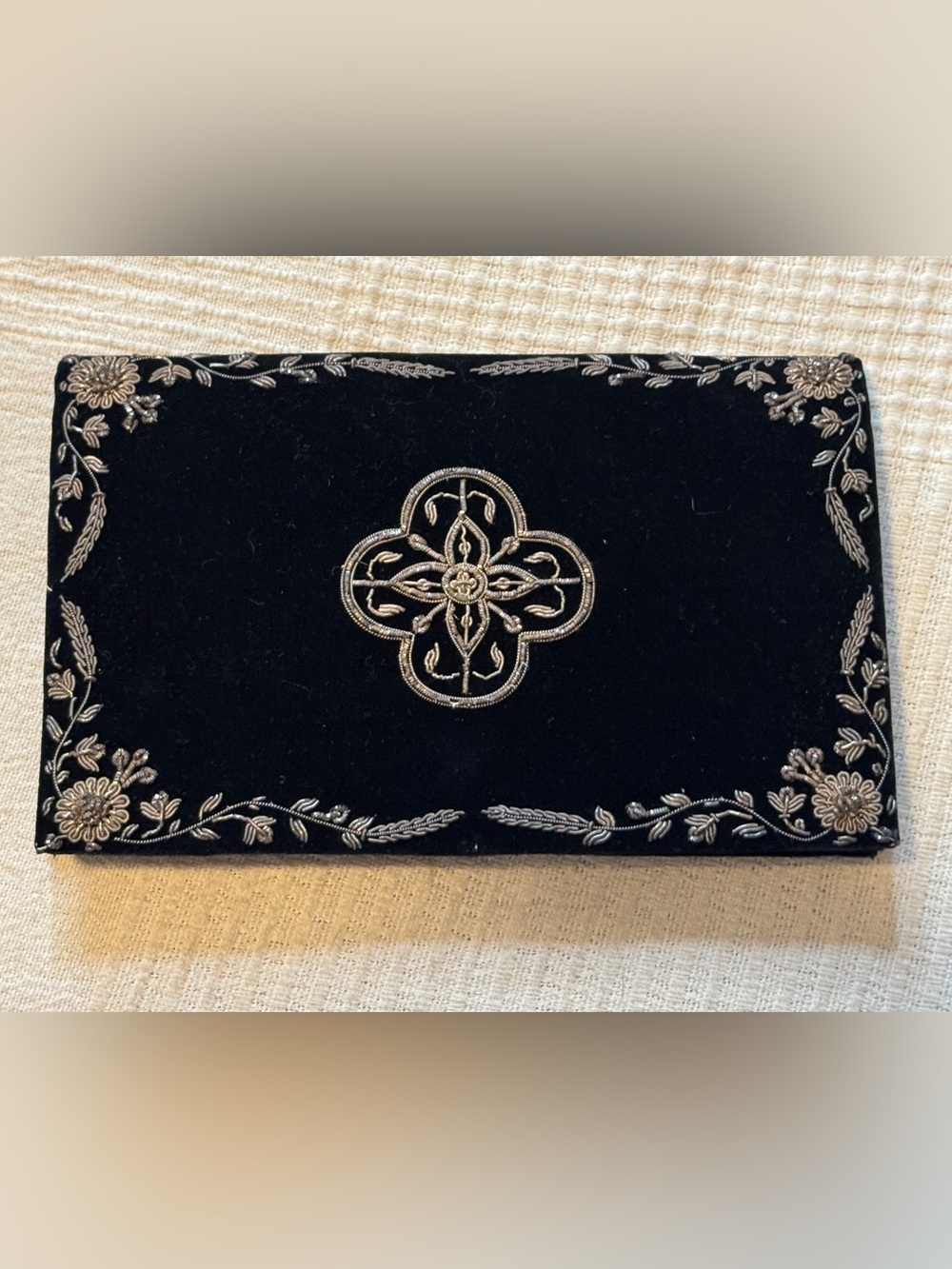 Vintage 70s Black Velvet Envelope Clutch with Silver Beading Embroidery